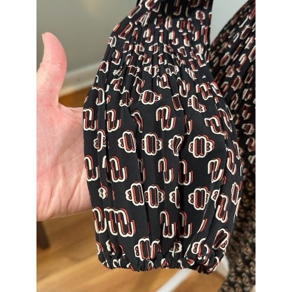 Maje Rockinala Monogram M Print Pleated Mini Dress 34 US 2 Balloon Sleeve - Picture 6 of 14
